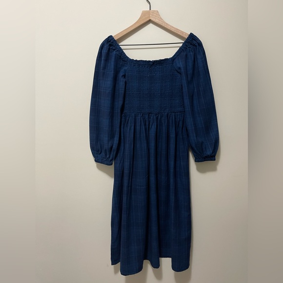 J. Crew Indigo Plaid Smocked Balloon Puff Sleeve Midi Long Sleeve Dress - Picture 4 of 10
